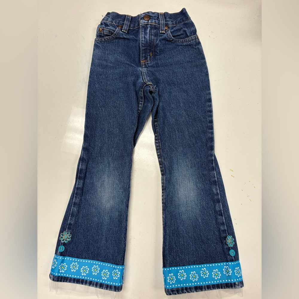 Children’s Blue Jeans with Floral Ribbon, Button, & Tulle Accents - size 6